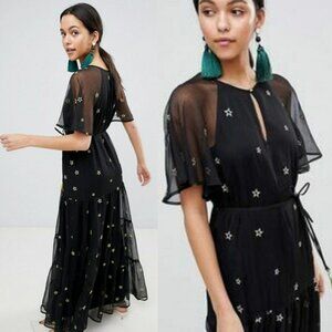 Traffic People Women's Black Maxi Dress w Gold Star Detail Size Small